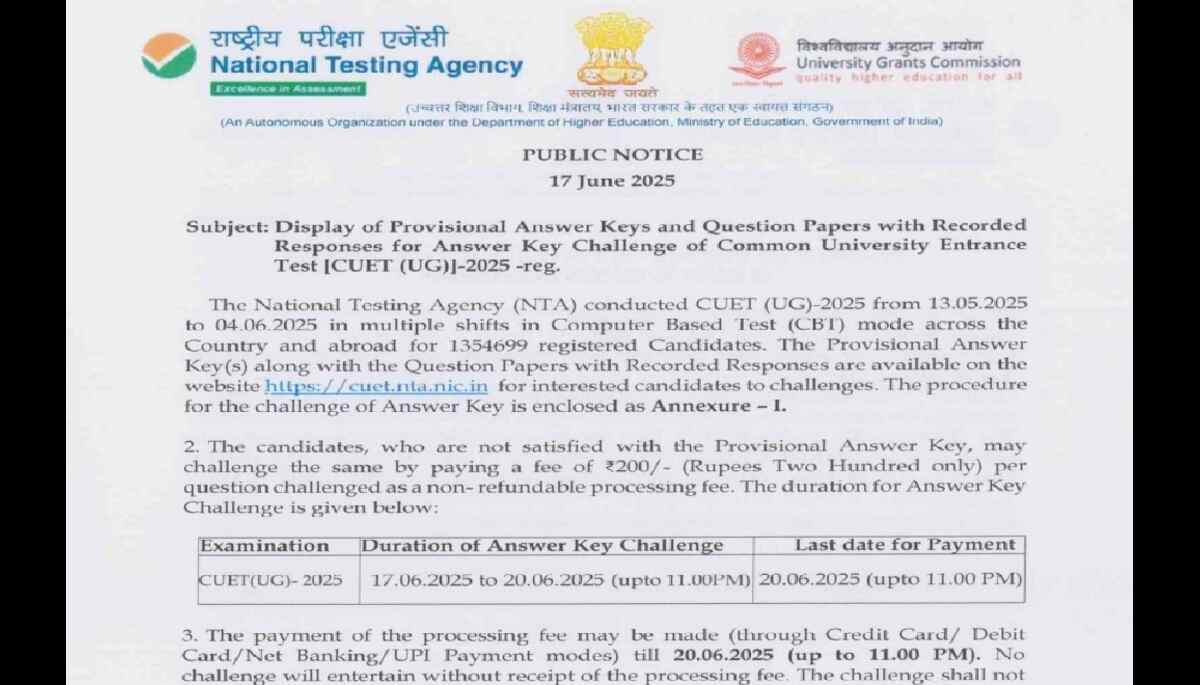 CUET UG 2025 Provisional Answer Key Out